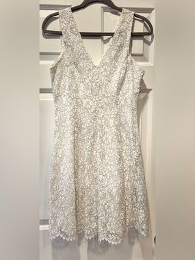 Kensie Lace Shimmer Dress - Size 4 - V-neck Floral Overlay in White/Ivory
